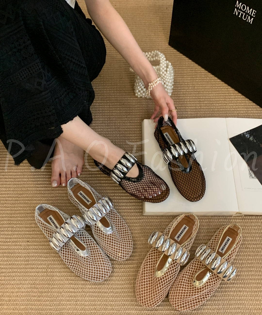 Mesh Ballet Flats with Metal Detail