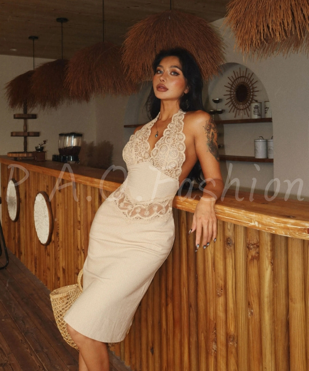 Lace Halter Bodycon Midi Dress