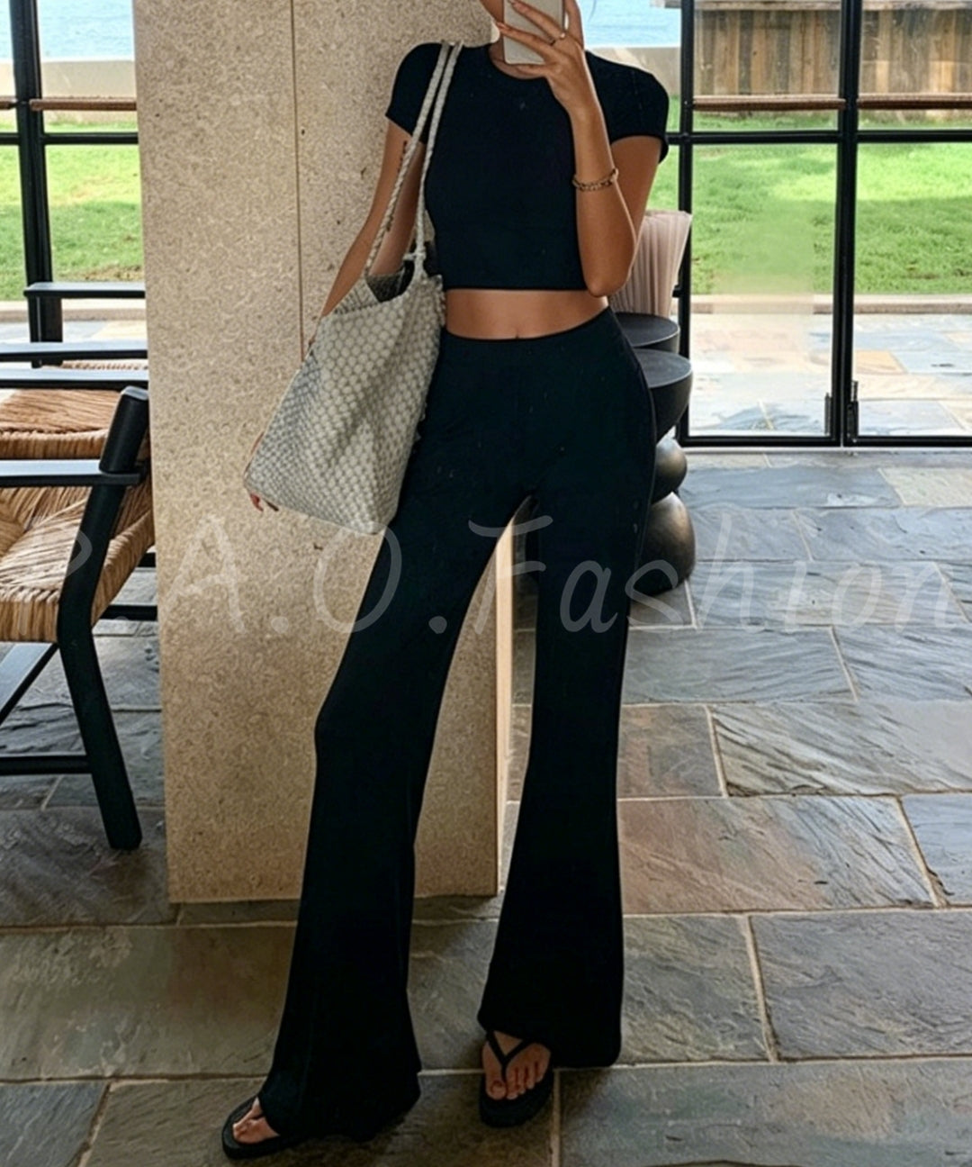 Fitted Cropped Tee & Flared Pants Set[Available Now]