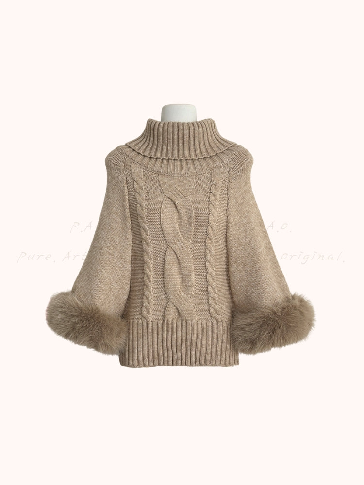 Faux Fox Fur Cuff Turtleneck Wool-Blend Cable Knit Sweater