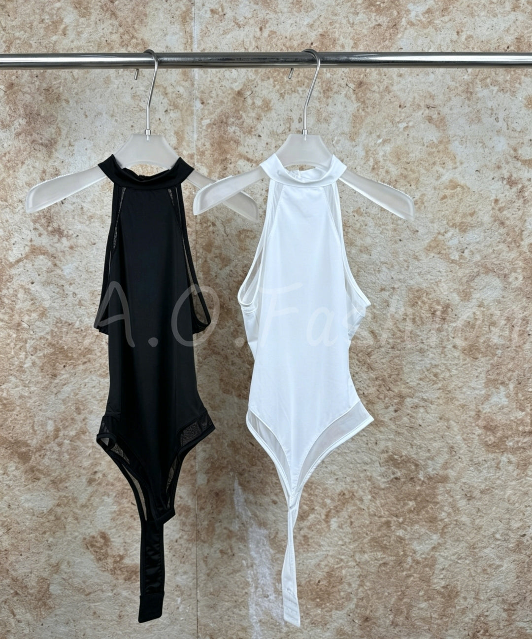 Mesh Panel Halter Bodysuit[Available Now]