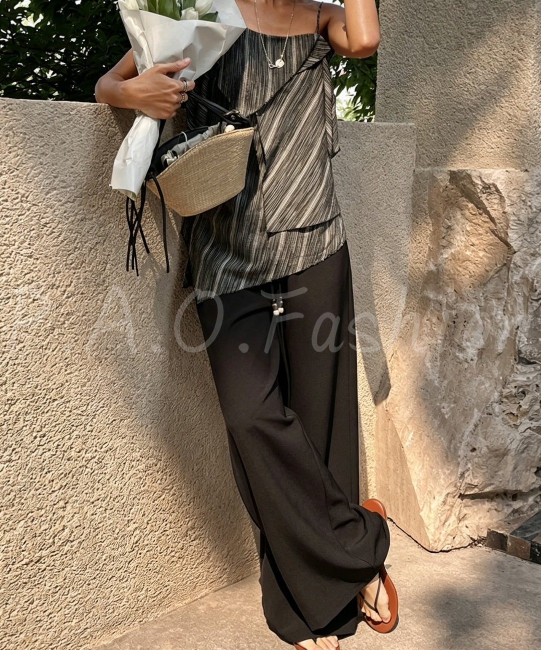 Draped Wide-Leg Pants with Beaded Drawstring[Available Now]