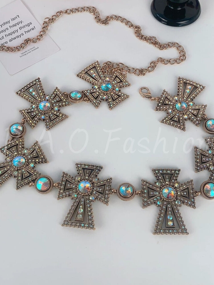 Baroque Cross Rhinestone Chain Waist Belt