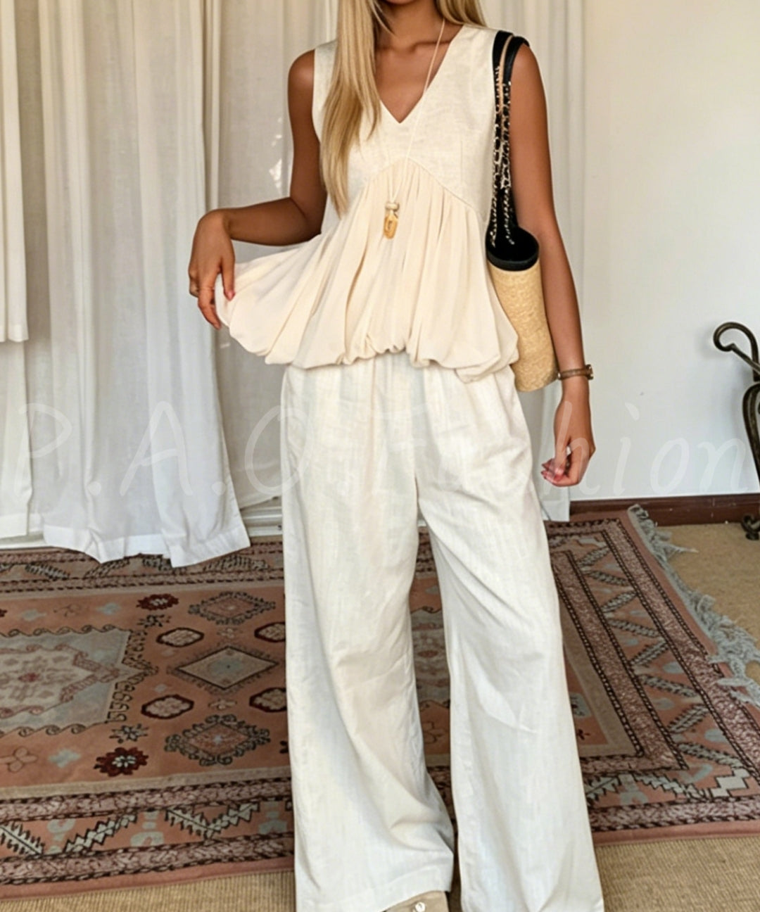 Cotton-Linen Blend V-Neck Sleeveless Top & Wide-Leg Pants Set[Available Now]