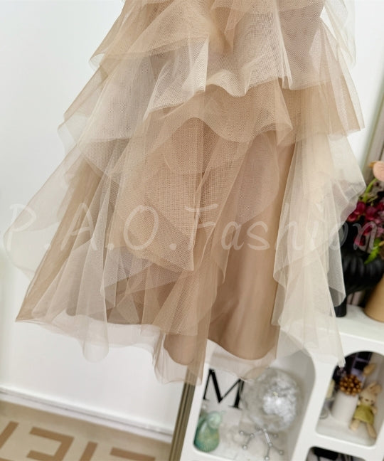 One-Shoulder Layered Tulle Mini Dress