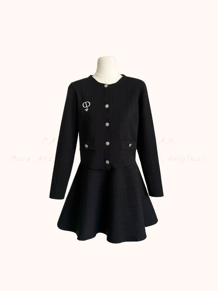 Rhinestone Brooch Jacquard Knit Cardigan & Waist-Defining Mini Skirt Two-Piece Set