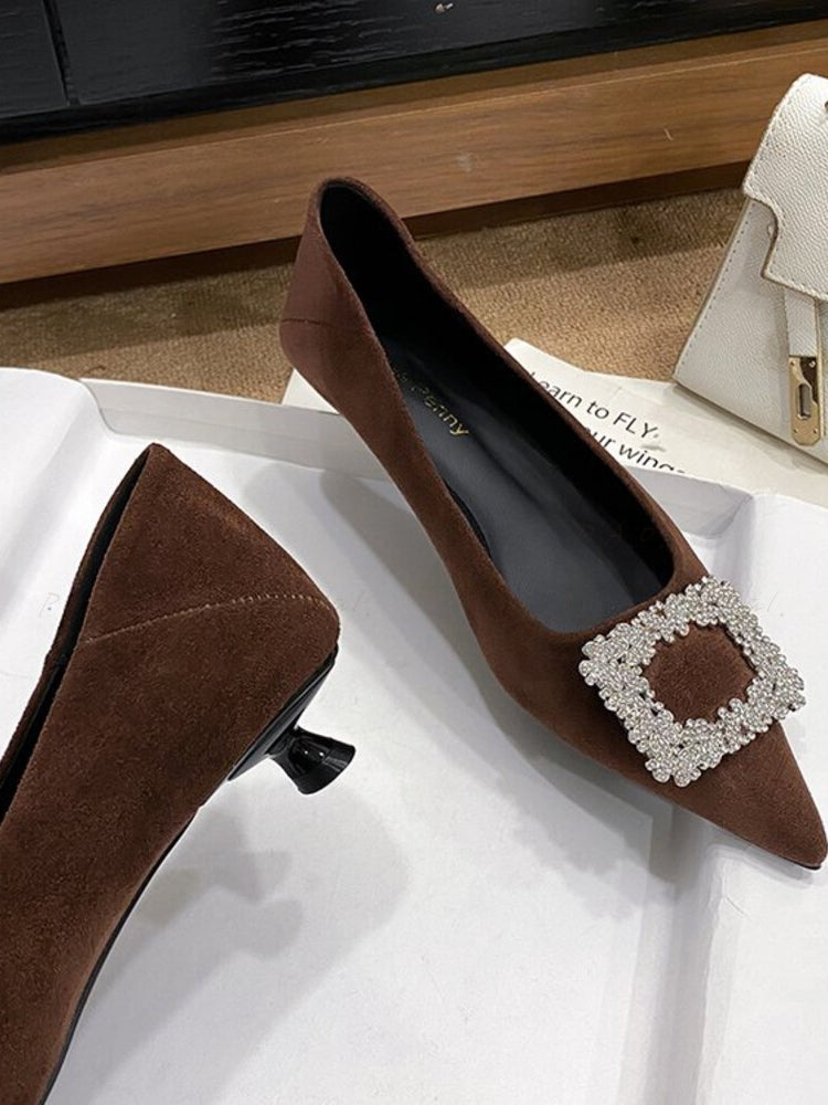 French-Style Pointed-Toe Suede Mid-Heel Shoes with Rhinestone Detail
