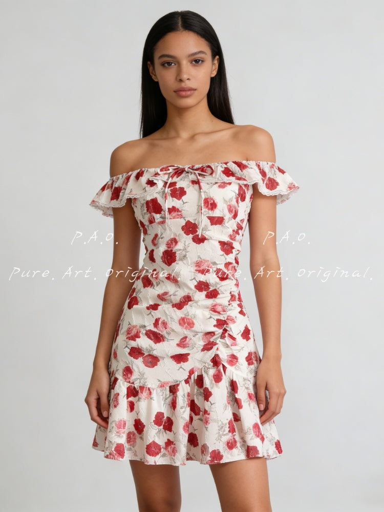 ROSE PRINT OFF-SHOULDER MINI DRESS