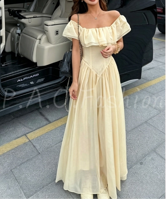 Off-Shoulder Ruffle Corset Maxi Dress