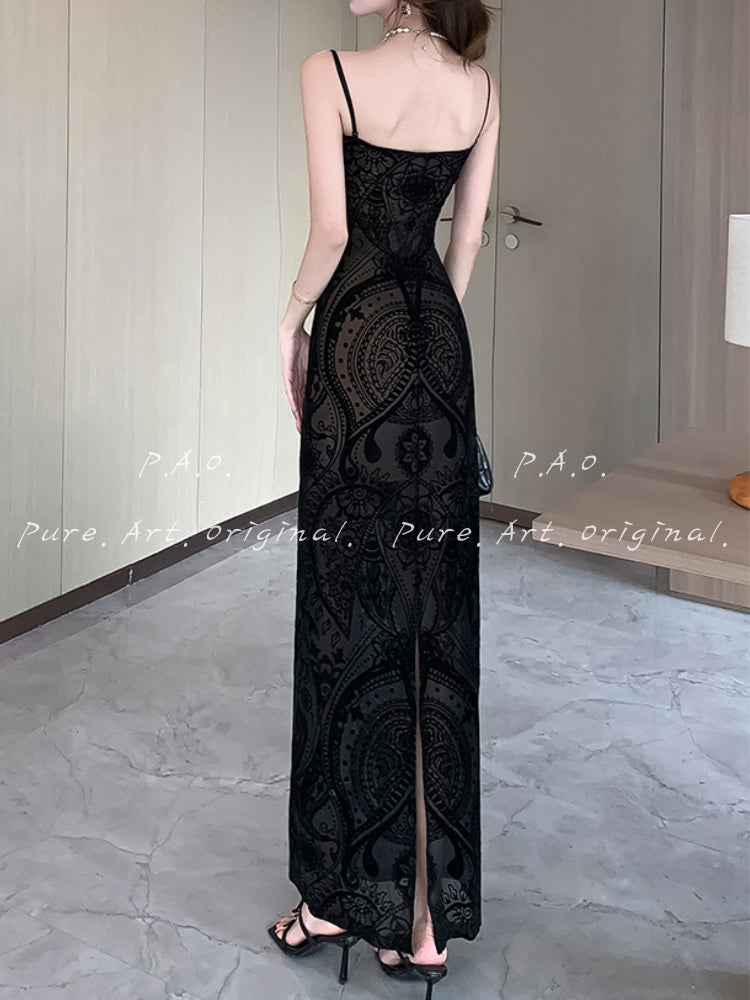 NOIR VELVET LACE MERMAID MAXI DRESS