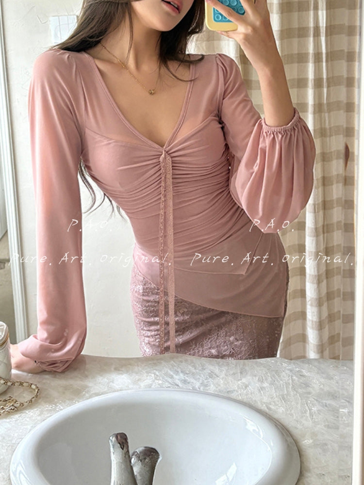 V-Neck Mesh Lace Skirt Set
