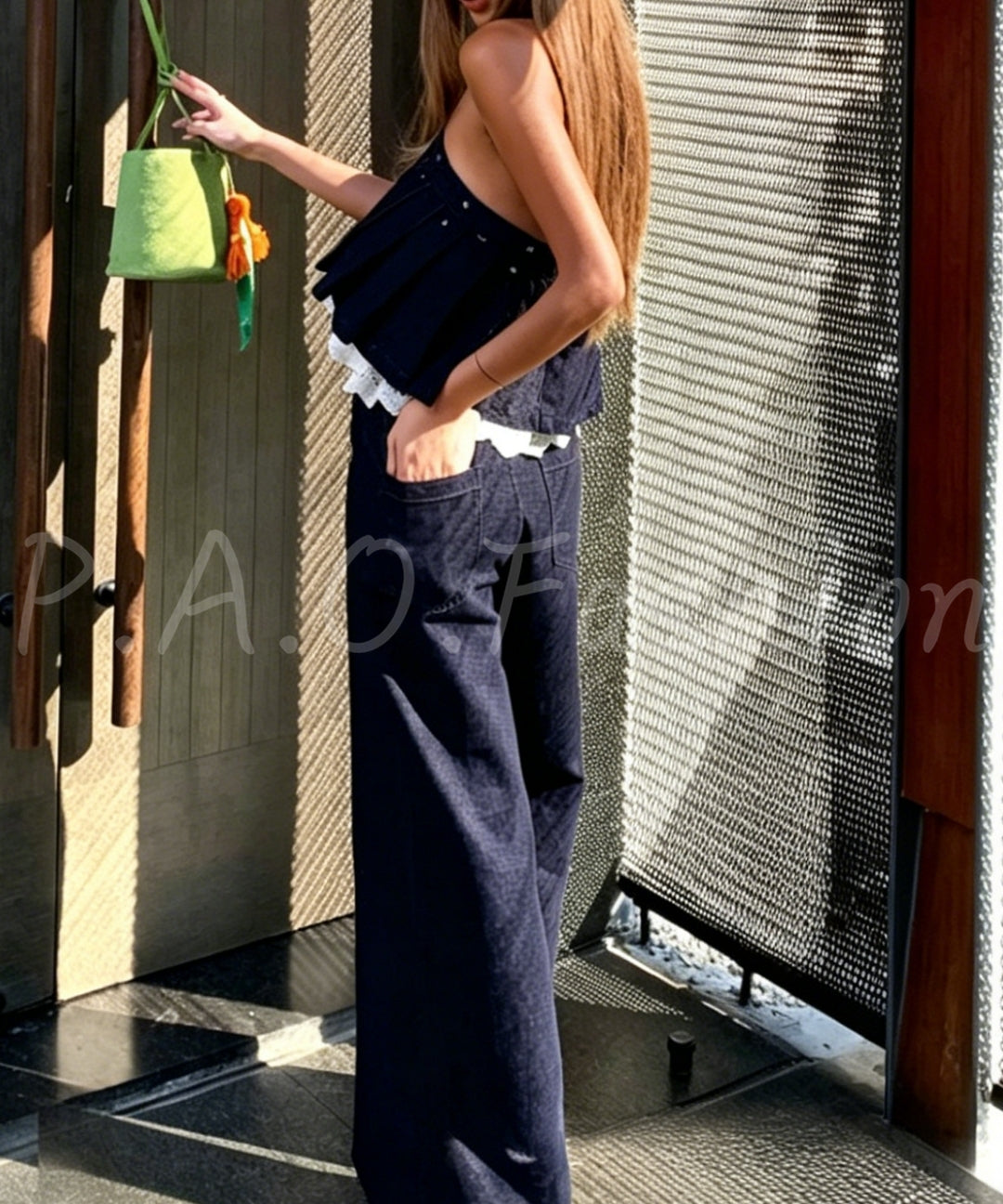 Lace Trim Halter Denim Set[Available Now]