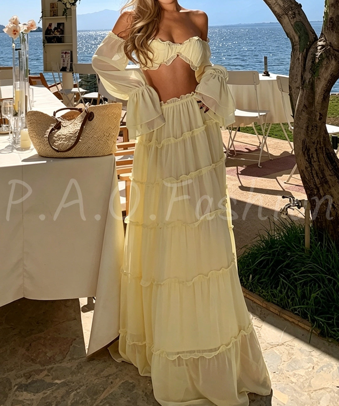 Off-Shoulder Ruffle Crop Top & Tiered Maxi Skirt Vacation Set