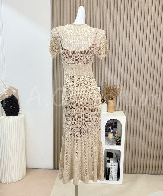 Open-Knit Cinched Waist Maxi Dress[Available Now]