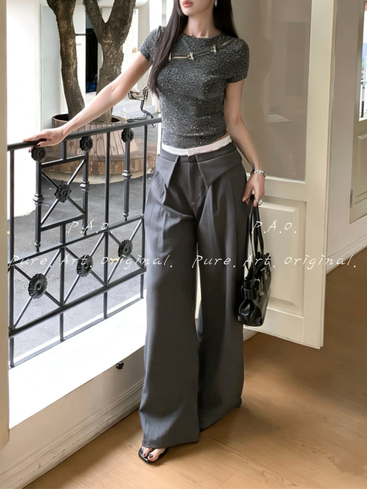 Contrast Fold-Over Wide-Leg Pants