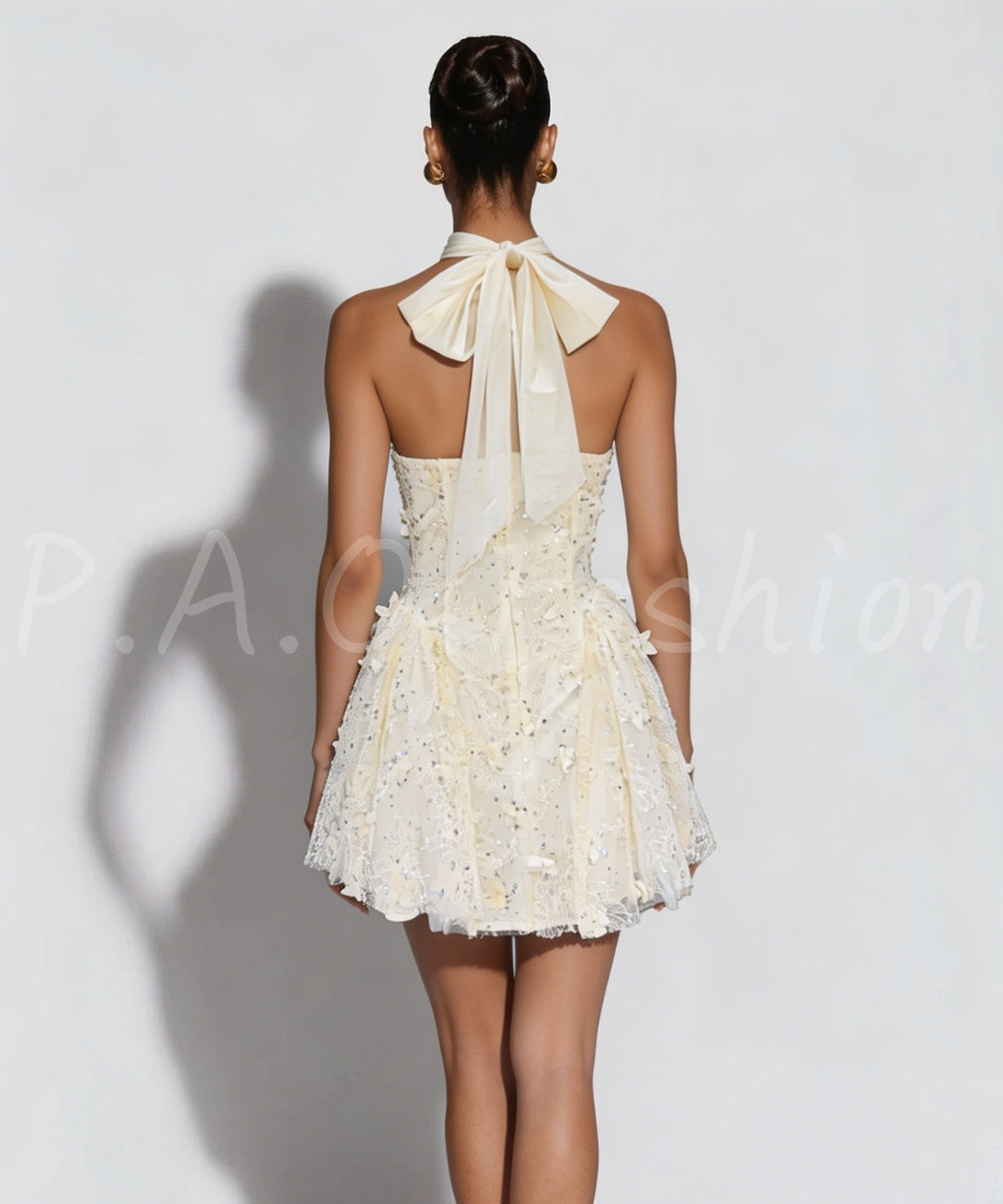 Halter Bow Sequin Lace Mini Dress[Available Now]