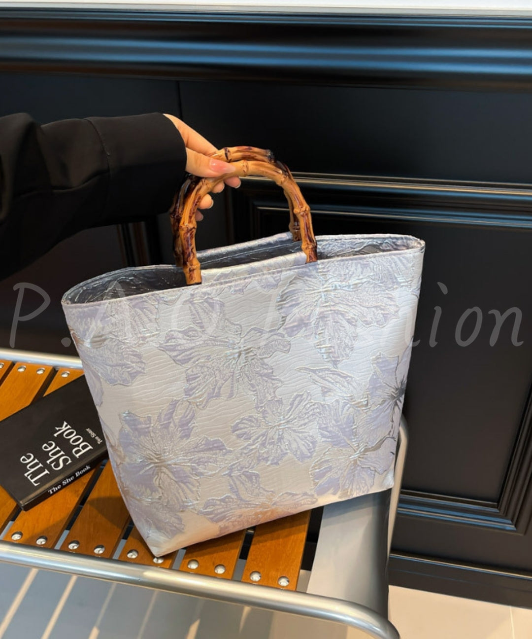 Floral Jacquard Bamboo Handle Tote Bag