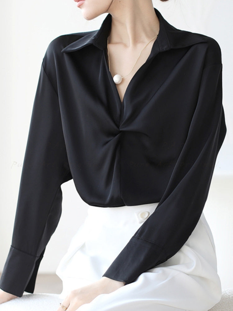 Satin Slim-Fit Shirt with Faux Pearl Necklace