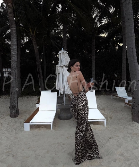 Leopard Print Backless Mermaid Maxi Dress