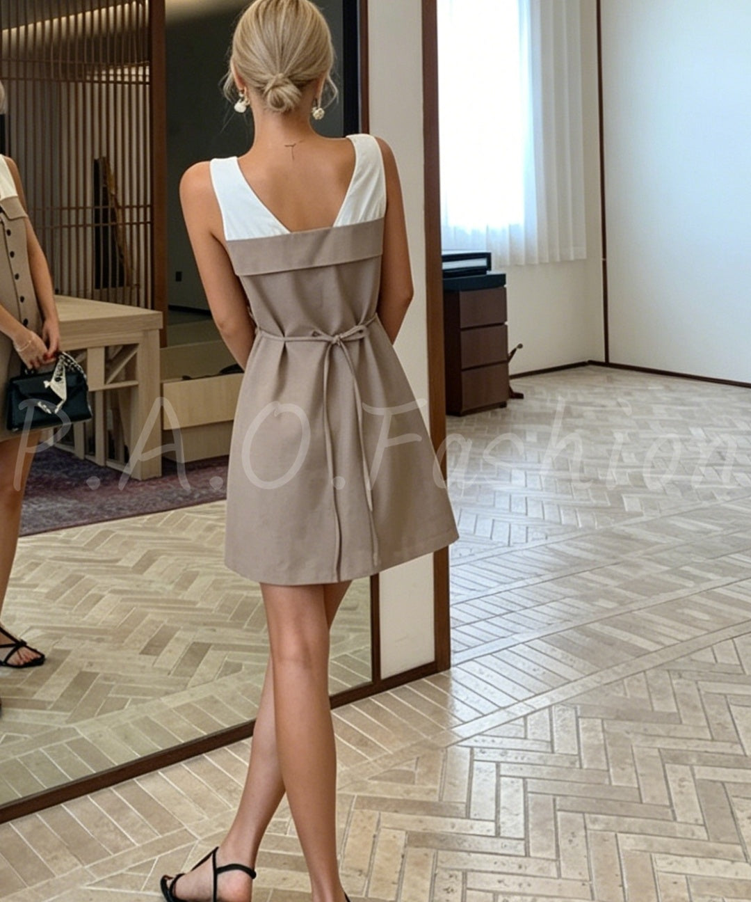 Colorblock V-Neck Linen Blend Sleeveless Mini Dress