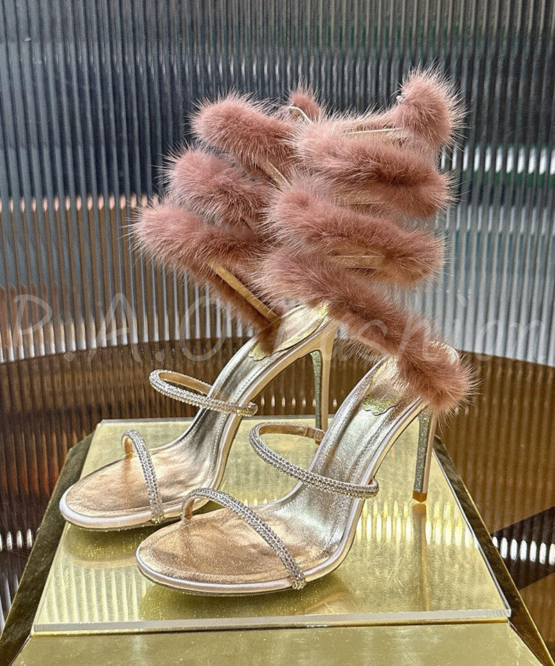 Rhinestone Feather Tie-Up Heeled Sandals