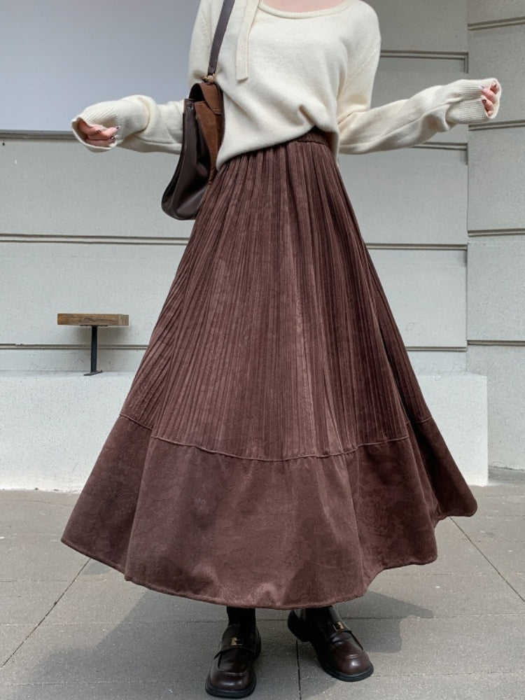 Vintage Suede-Like Pleated A-Line Skirt