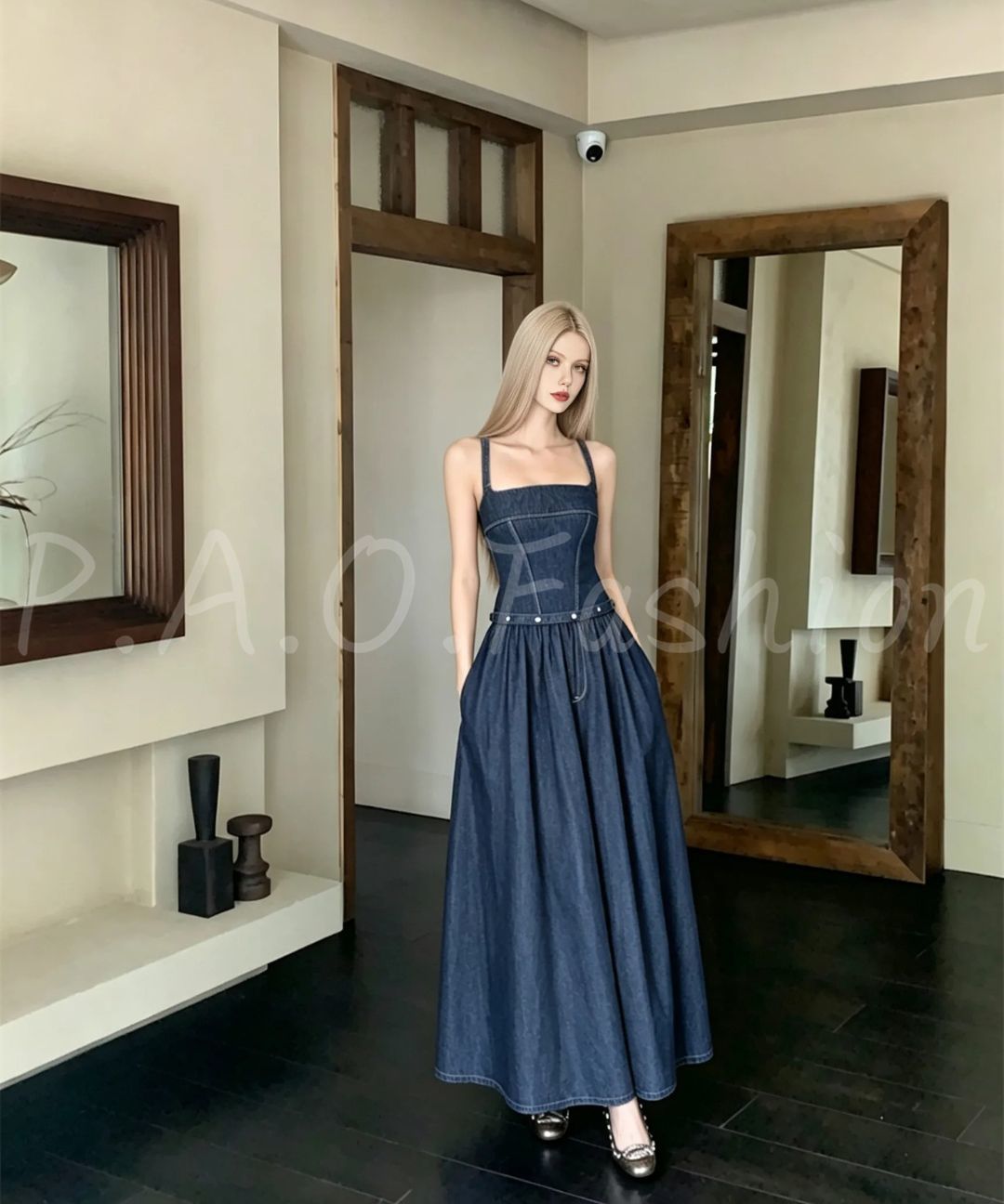 Vintage Washed Square Neck Maxi Dress with Belt