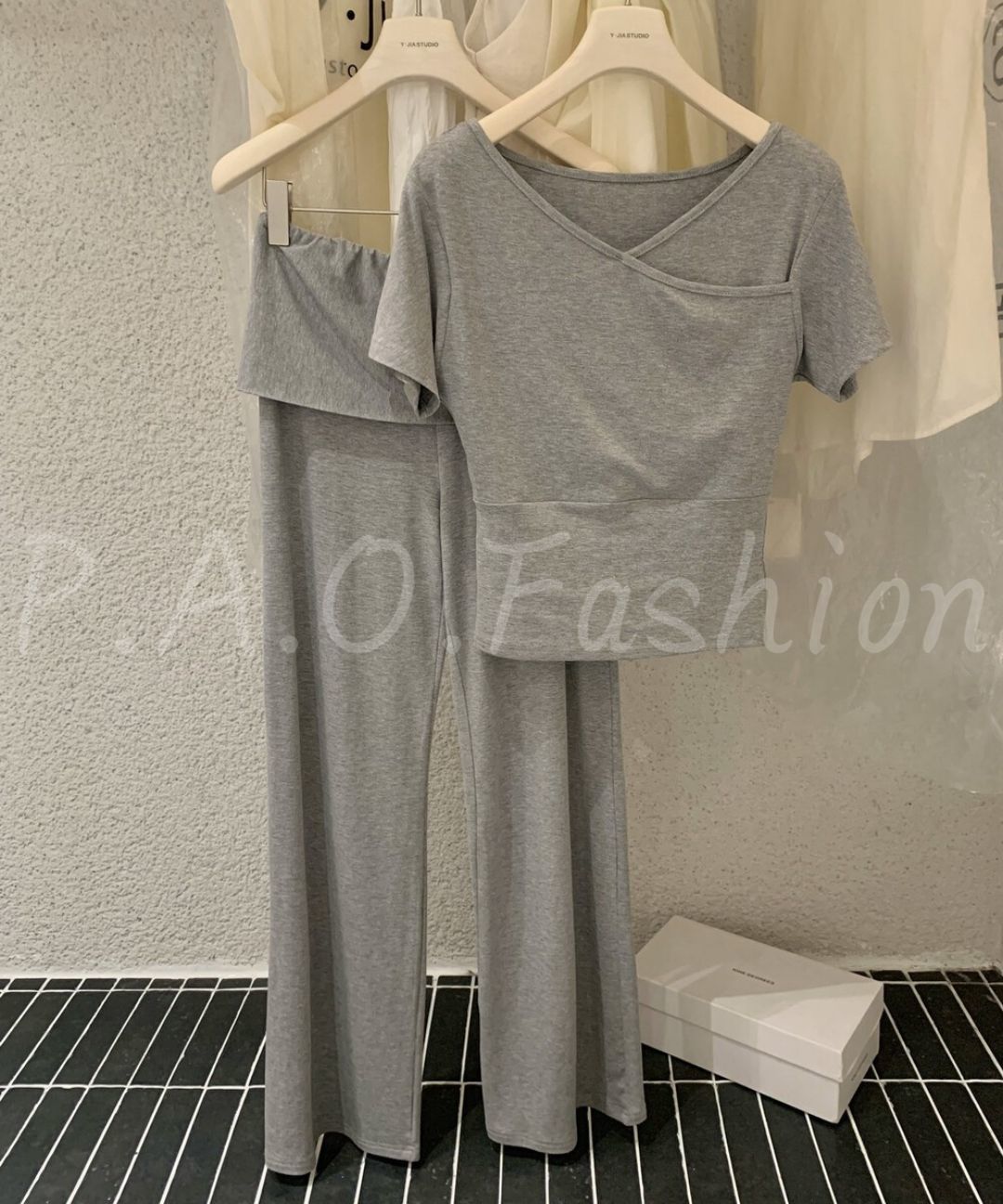 Off-Shoulder Ruched Top & Foldover Wide-Leg Pants Set
