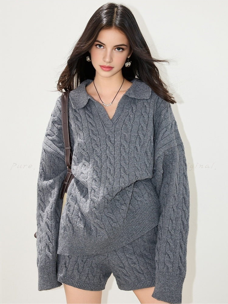 Polo Collar Cable-Knit Sweater & Shorts Two-Piece Set