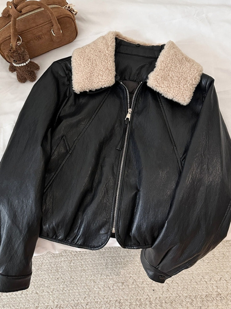 Notched Collar Leather-Style Jacket
