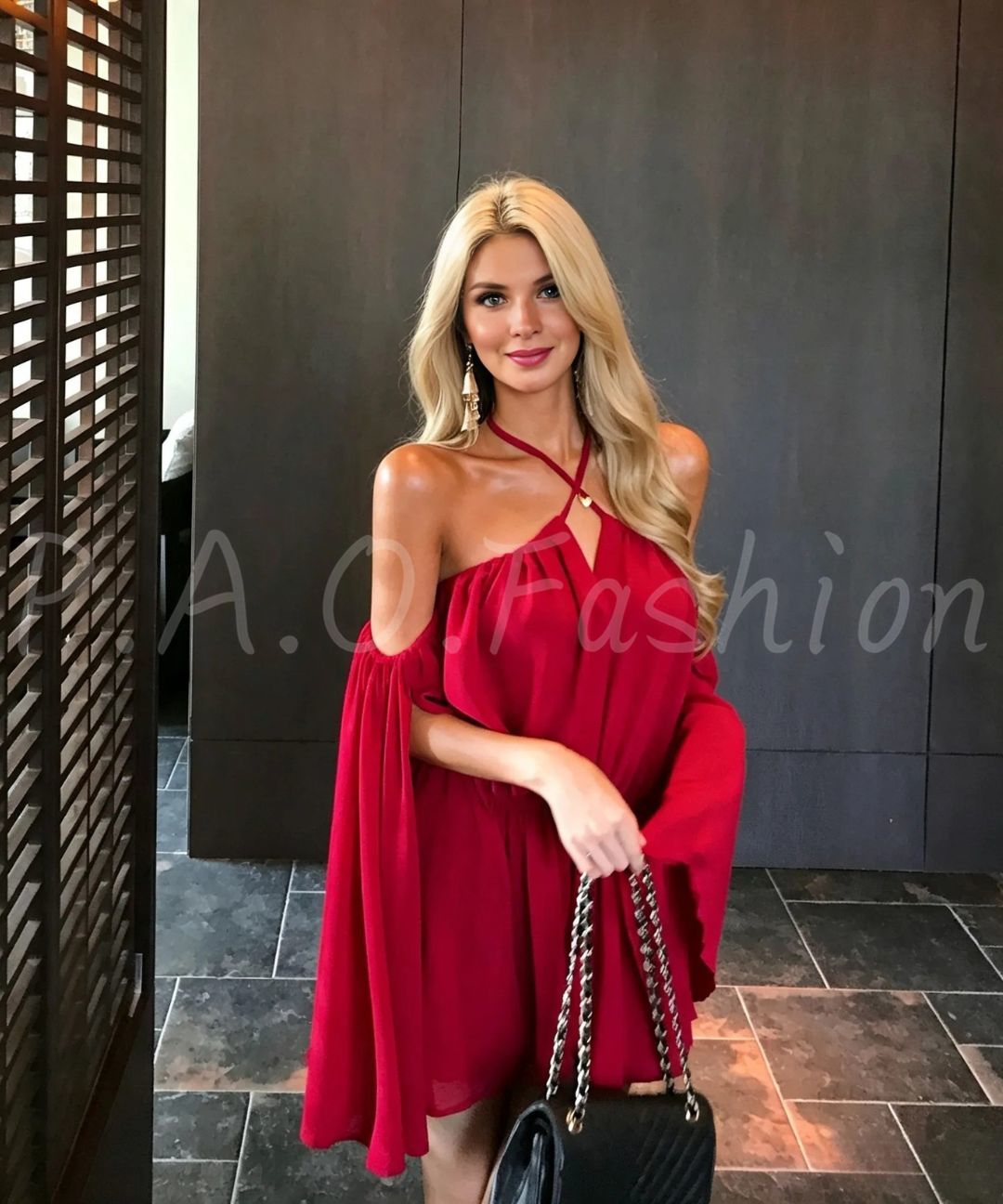 Burgundy Halter Off-Shoulder Chiffon Mini Dress
