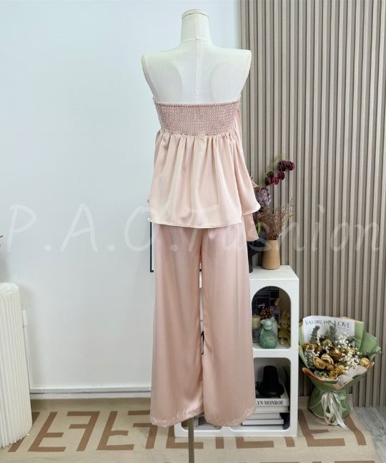 Twist Bandeau Satin Top & Wide-Leg Pants Set