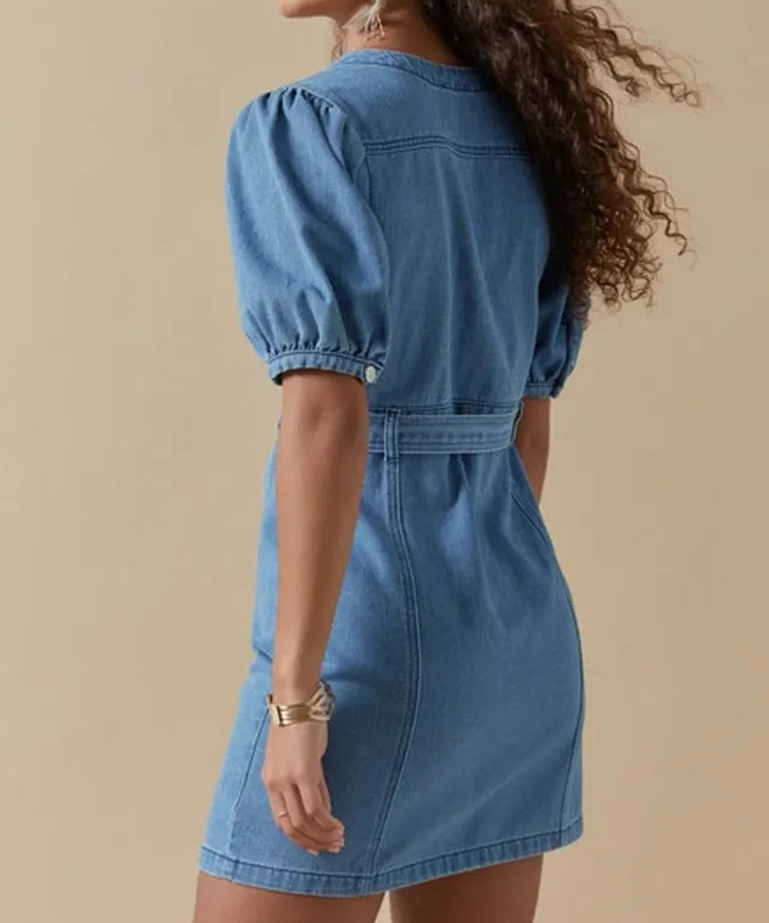 V-Neck Puff Sleeve Denim Mini Dress