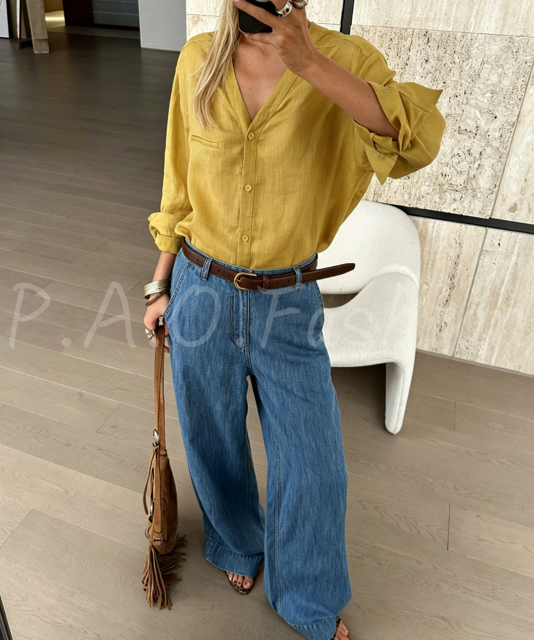 100% Ramie Relaxed V-Neck Shirt
