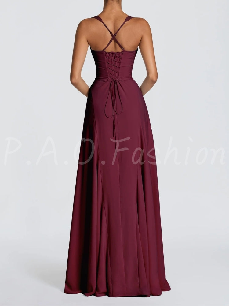 Twist Halter Satin Open-Back Maxi Gown