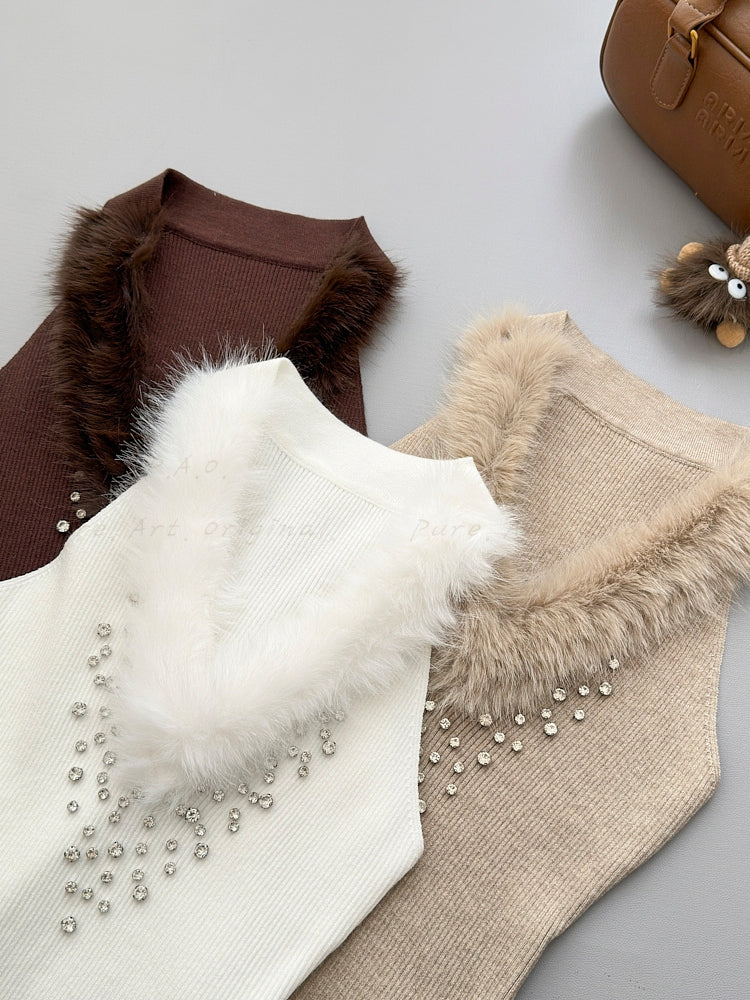 Faux Fox Fur & Hand-Embellished Rhinestone Knit Vest