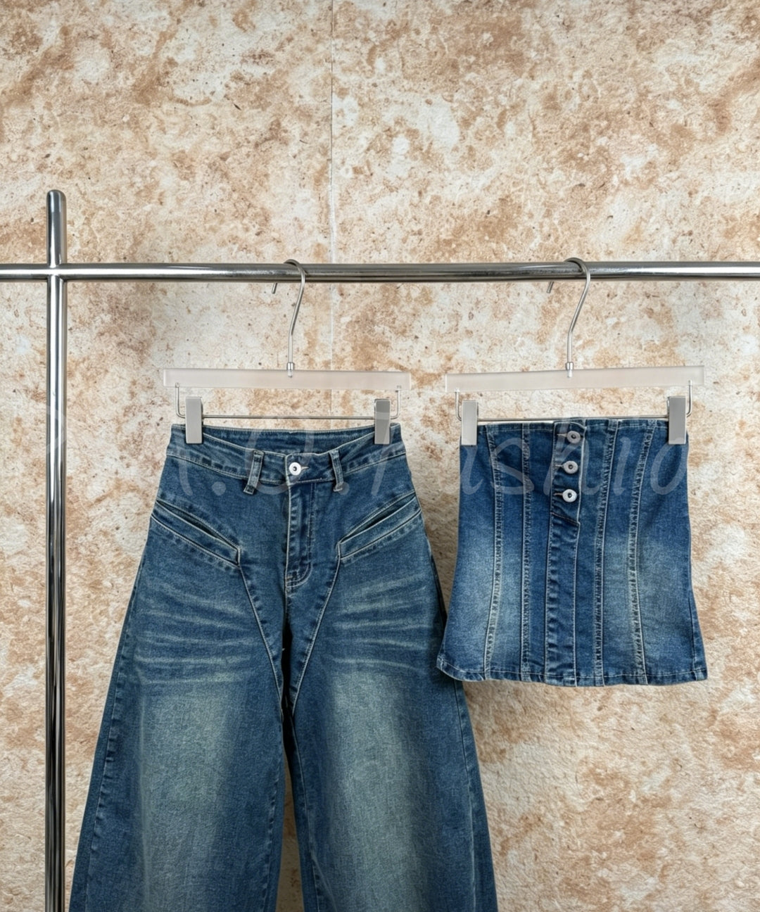 Denim Bandeau Top & Wide-Leg Pants Set[Available Now]