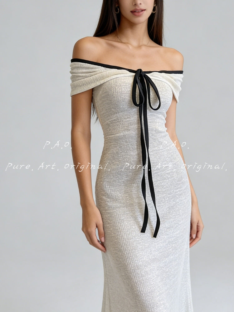 OFF-SHOULDER DRAPED KNIT MERMAID DRESS