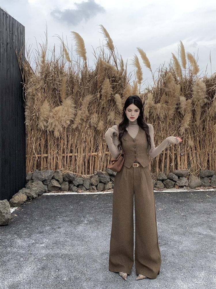 Old Money–Inspired Single-Breasted Vest & Wide-Leg Trousers 3-Piece Set