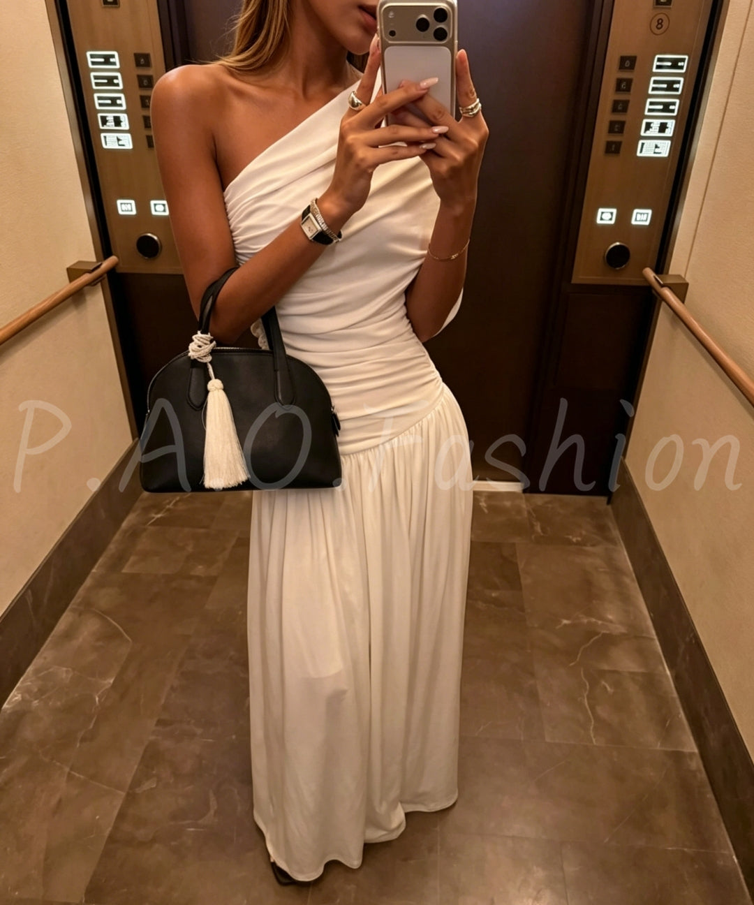 One-Shoulder Pleated Waist Maxi Dress[Available Now]