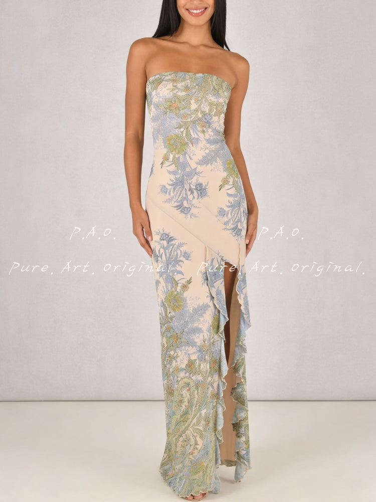 Vintage Floral Strapless Slit Maxi Dress