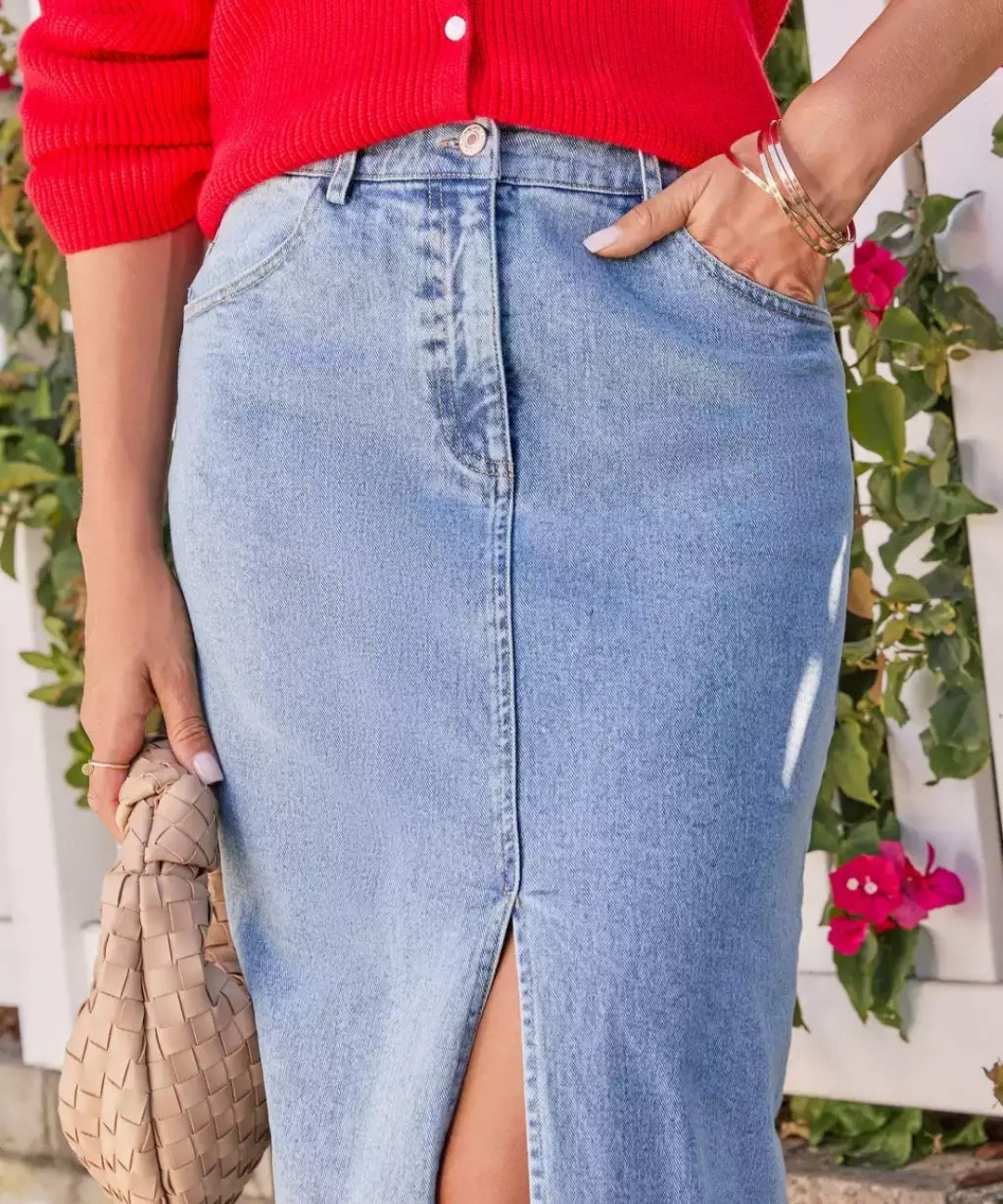 High-Waisted Front Slit Denim Straight Maxi Skirt