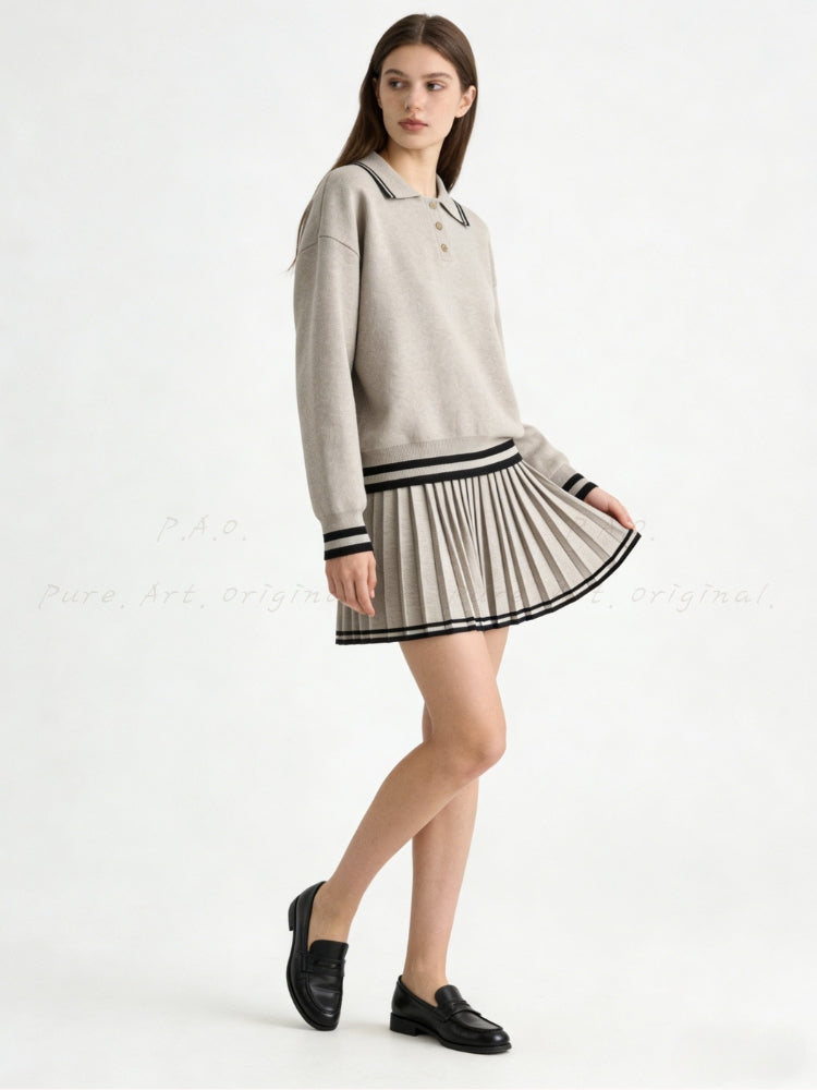 Relaxed Polo-Collar Sweatshirt & High-Waist Pleated Mini Skirt Set