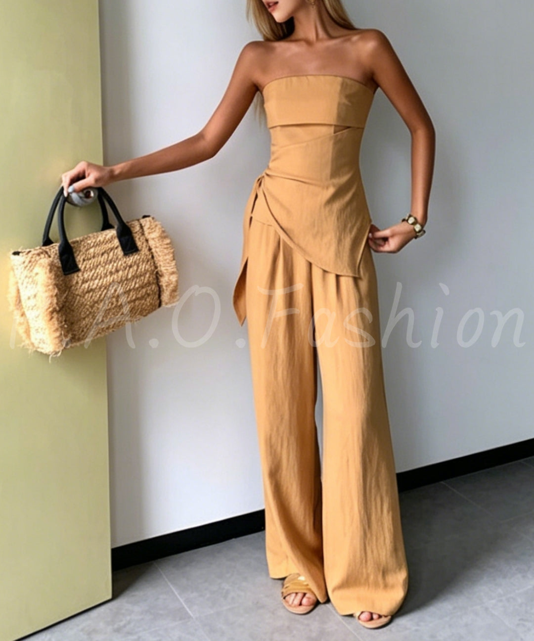 Twist-Front Strapless Wide-Leg Pants Set[Available Now]