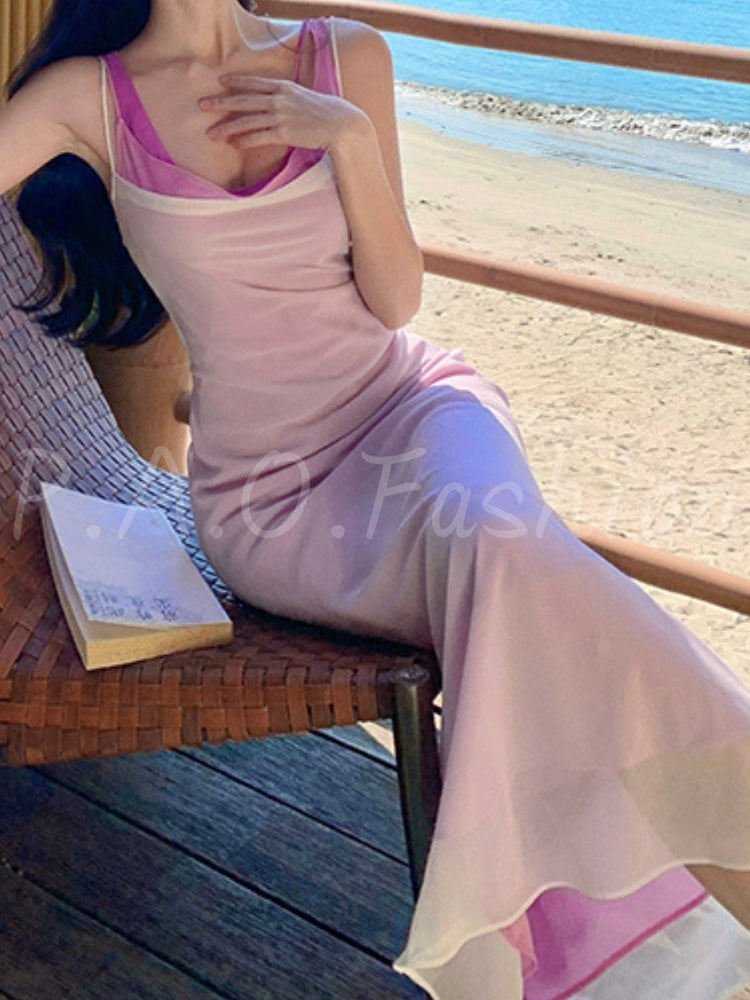 Colorblock Mesh Mermaid Maxi Dress