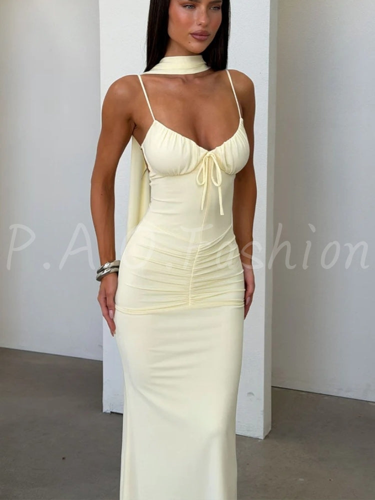 Halter Backless Maxi Dress – Ruched Bodycon Long Dress