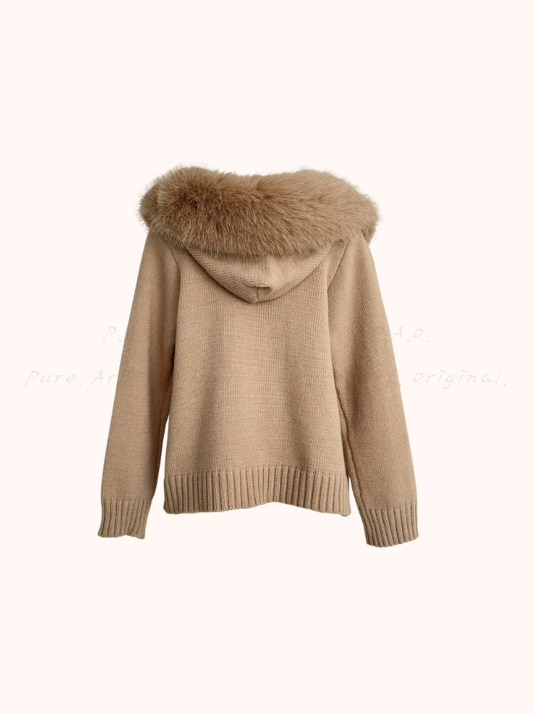 Large Faux Fox Fur Hooded Zip-Up Cardigan