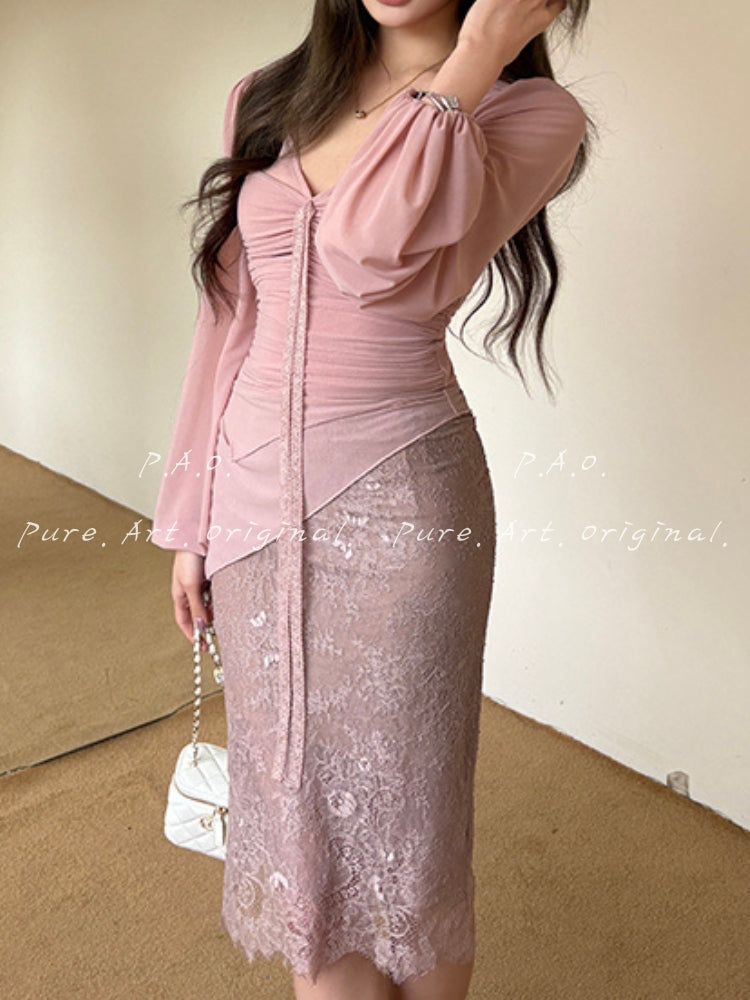 V-Neck Mesh Lace Skirt Set
