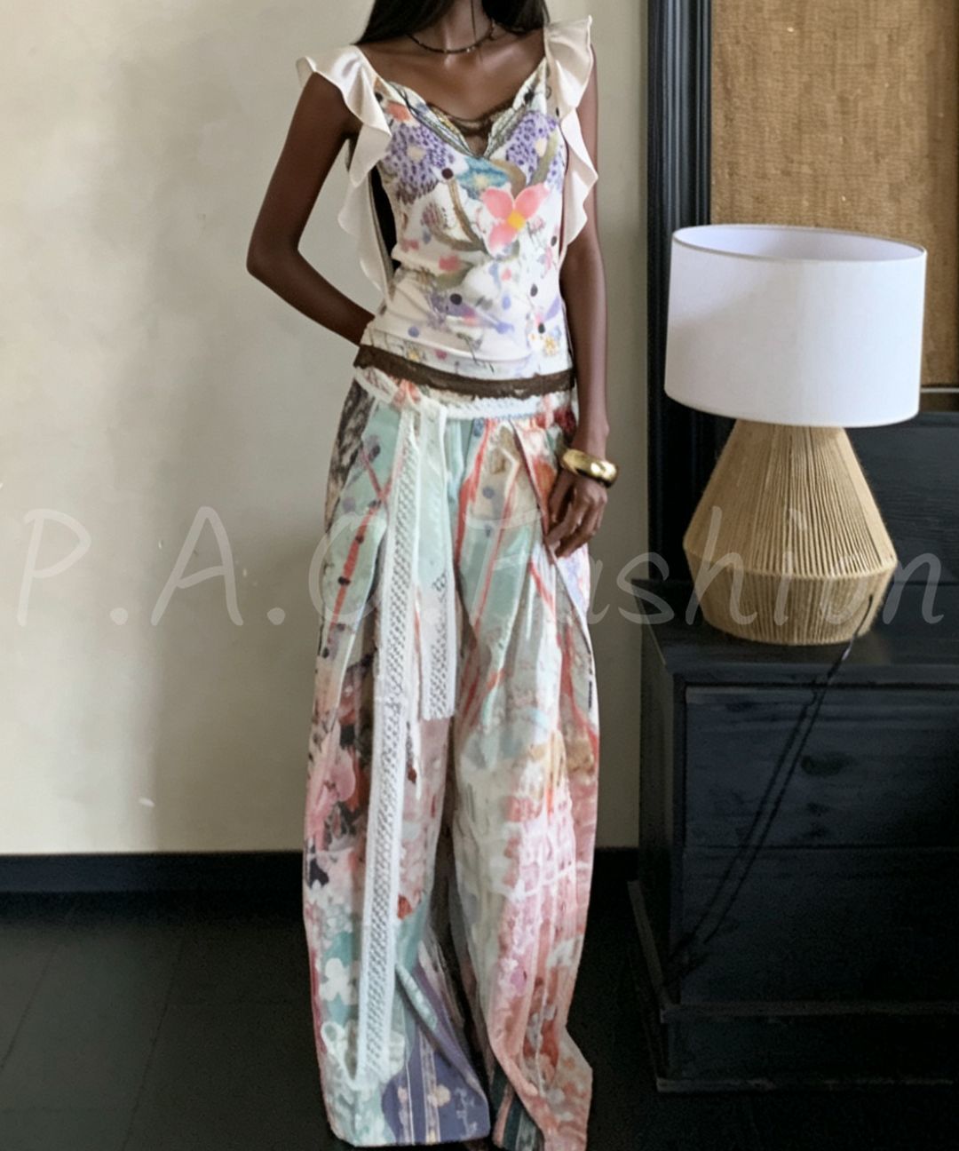 French Hand-Painted Floral Cami & Wide-Leg Pants Set