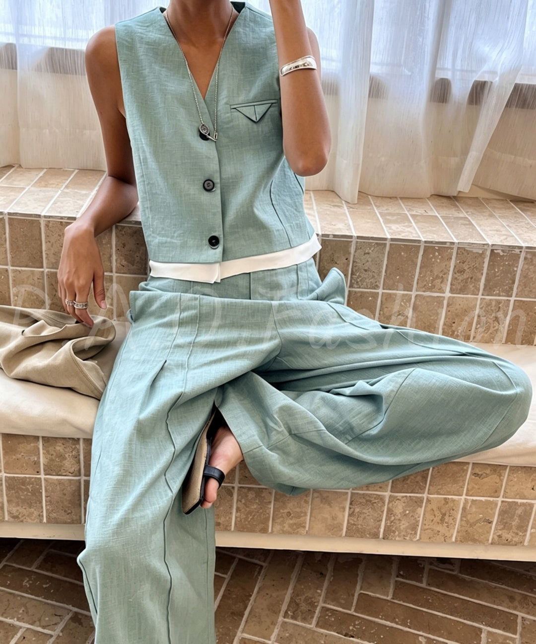 Ramie-Cotton Blend Vest & Wide-Leg Pants Set[Available Now]